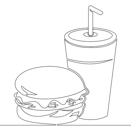 Continuous one single line drawing Burger and soda takeout fastfood icon vector illustration conceptのイラスト素材