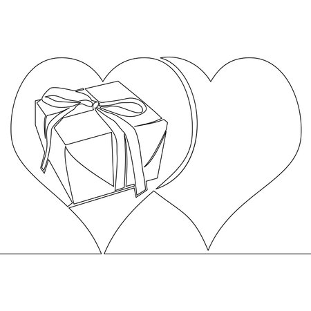 Continuous one single line drawing Valentines day gift box in the heart icon vector illustration conceptのイラスト素材