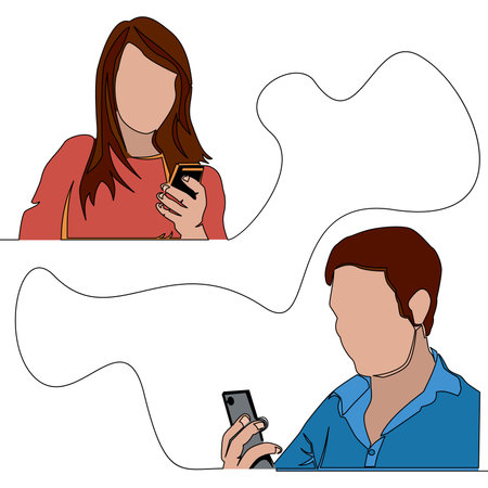 Flat colorful continuous drawing line art Couple man and woman chatting network communication icon vector illustration conceptのイラスト素材