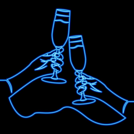 Continuous one single line drawing two hands clinking wine glasses icon neon glow vector illustration conceptのイラスト素材