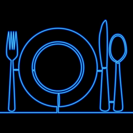 Continuous one single line drawing Plate with fork and knife Restaurant icon neon glow vector illustration conceptのイラスト素材