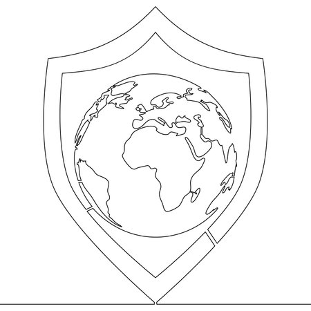 Continuous one single line drawing world planet with protection security shield icon vector illustration conceptのイラスト素材