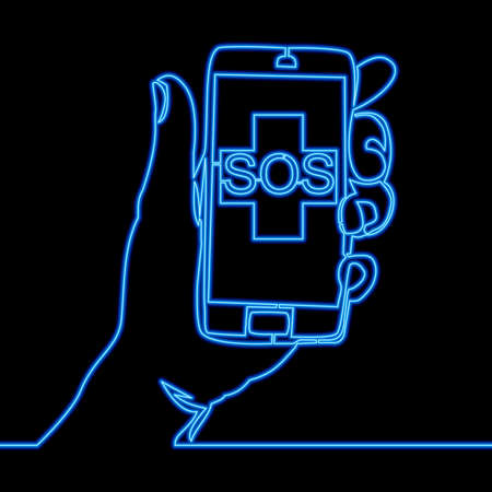 Continuous one single line drawing Smartphone Doctor online medical sos icon neon glow vector illustration conceptのイラスト素材