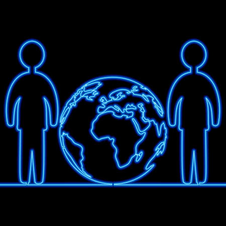 Continuous one single line drawing Earth team worldwide connection icon neon glow vector illustration conceptのイラスト素材