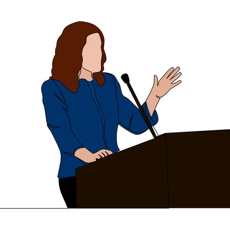 Flat colorful continuous drawing line art Conference businesswoman trainer talking icon vector illustration conceptのイラスト素材