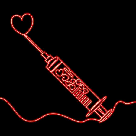 Continuous one single line drawing Syringe with hearts Medicine icon neon glow vector illustration conceptのイラスト素材