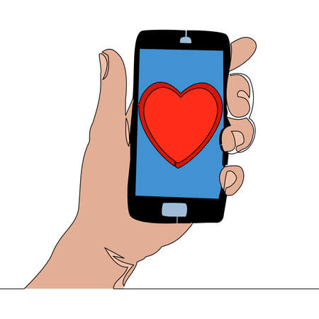 Flat colorful continuous drawing line art Heart on smartphone screen icon vector illustration conceptのイラスト素材