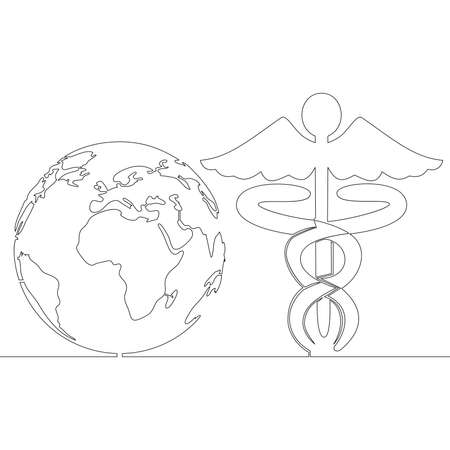 Continuous one single line drawing Earth globe with medical Caduceus icon vector illustration conceptのイラスト素材