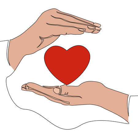 Flat colorful continuous drawing line art Heart health Hands hold or give heart icon vector illustration conceptのイラスト素材