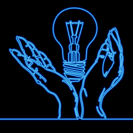 Continuous one single line drawing hands holding light bulb icon neon glow vector illustration conceptのイラスト素材