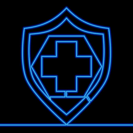 Continuous one single line drawing Health protection Shield and cross icon neon glow vector illustration conceptのイラスト素材