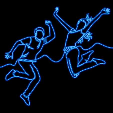 Continuous one single line drawing happy couple jumping in excitement icon neon glow vector illustration conceptのイラスト素材