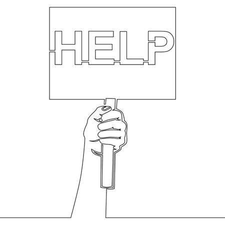 Continuous one single line drawing hand holding help sign whiteboard icon vector illustration conceptのイラスト素材