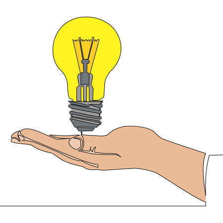 Flat colorful continuous drawing line art Hand holding light bulb Business idea icon vector illustration conceptのイラスト素材
