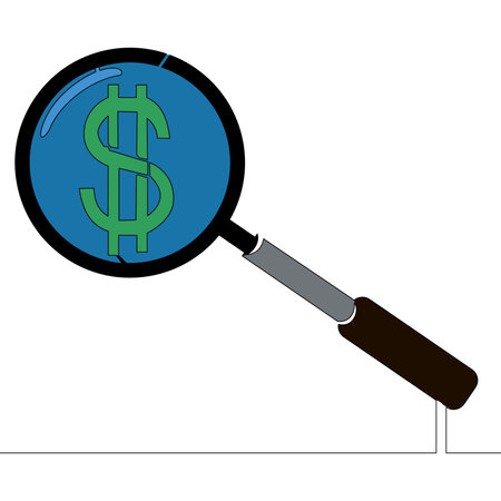 Flat colorful continuous drawing line art magnifying glass with dollar currency money search icon vector illustration conceptのイラスト素材