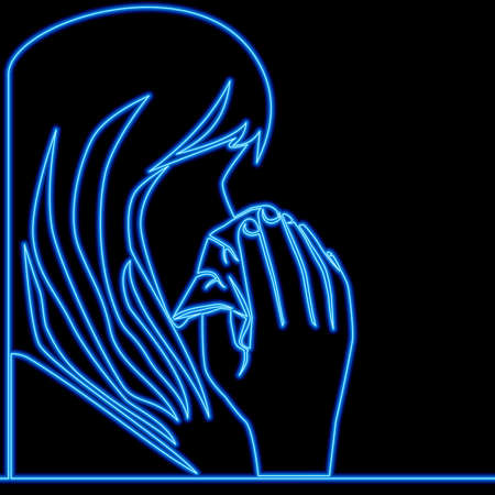 Continuous one single line drawing Sick woman Seasonal flu viruses icon neon glow vector illustration conceptのイラスト素材