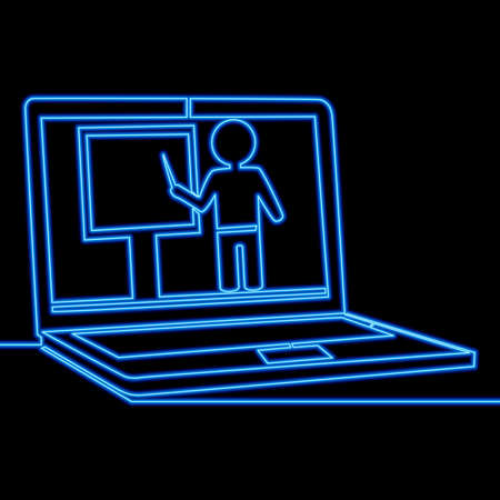 Continuous one single line drawing Online Education Laptop icon neon glow vector illustration conceptのイラスト素材