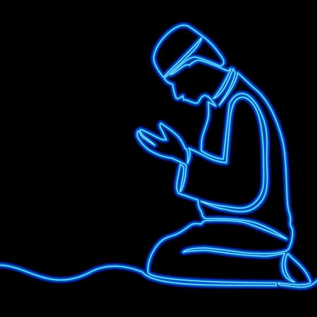 Continuous one single line drawing Islamic Muslim man prays icon neon glow vector illustration conceptのイラスト素材