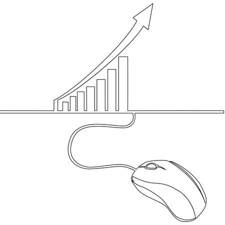Continuous one single line drawing digital marketing business computer mouse and income graph icon vector illustration conceptのイラスト素材