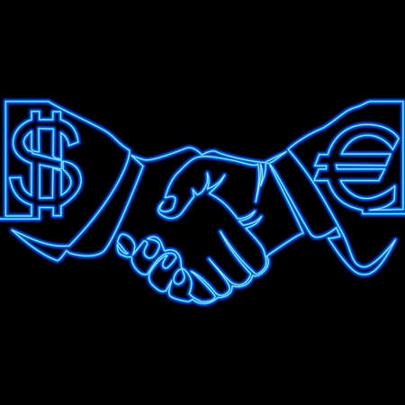 Continuous one single line drawing Handshake with currency exchange dollar and euro icon neon glow vector illustration conceptのイラスト素材