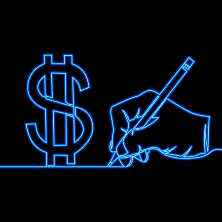 Continuous one single line drawing hand drawing dollar sign icon neon glow vector illustration conceptのイラスト素材