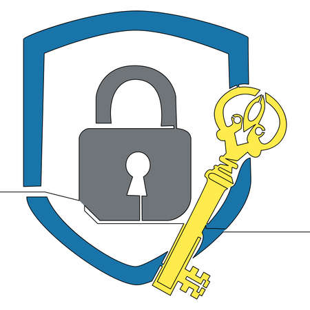 Flat colorful continuous line art drawing Security shield lock data protection icon vector illustration conceptのイラスト素材