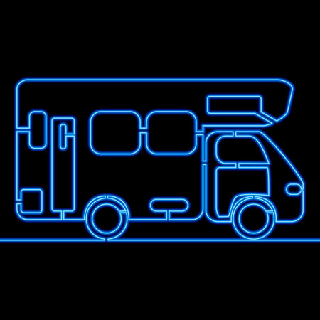 Continuous one single line drawing Camper van trailer icon neon glow vector illustration conceptのイラスト素材