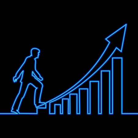Continuous one single line drawing Man step up on Bars growth chart icon neon glow vector illustration conceptのイラスト素材