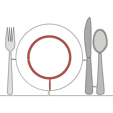 Flat colorful continuous line art drawing restaurant plate, knife, spoon, and fork food theme icon vector illustration conceptのイラスト素材