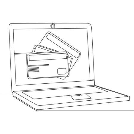 Continuous one single line drawing laptop computer with credit cards icon vector illustration conceptのイラスト素材