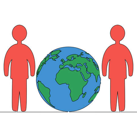 Flat colorful continuous line art drawing Teamwork Earth icon vector illustration conceptのイラスト素材