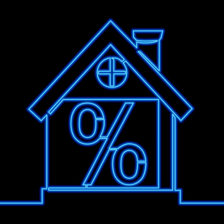 Continuous one single line drawing Loan house mortgage percent icon neon glow vector illustration conceptのイラスト素材