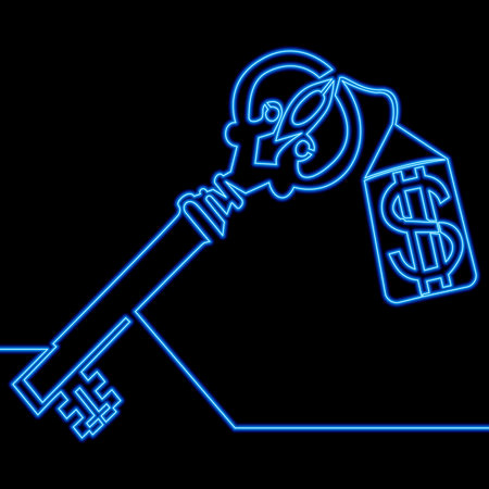 Continuous one single line drawing old Key with dollar success icon neon glow vector illustration conceptのイラスト素材