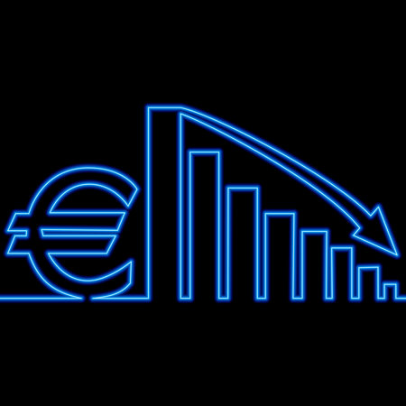 Continuous one single line drawing Euro currency downtrend arrow falling chart icon neon glow vector illustration conceptのイラスト素材