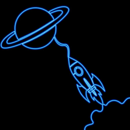 Continuous one single line drawing Space Rocket flying icon neon glow vector illustration conceptのイラスト素材