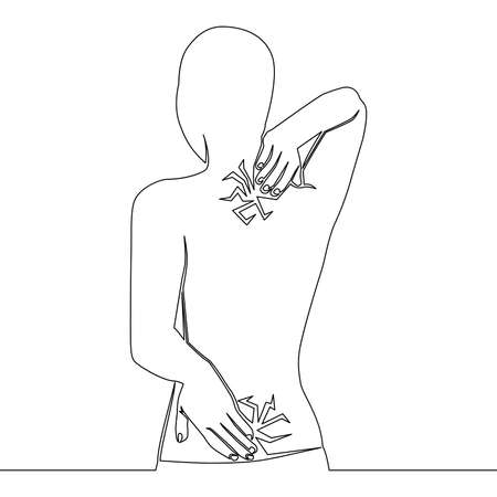 Continuous one single line drawing Woman experiencing pain in the back icon vector illustration conceptのイラスト素材