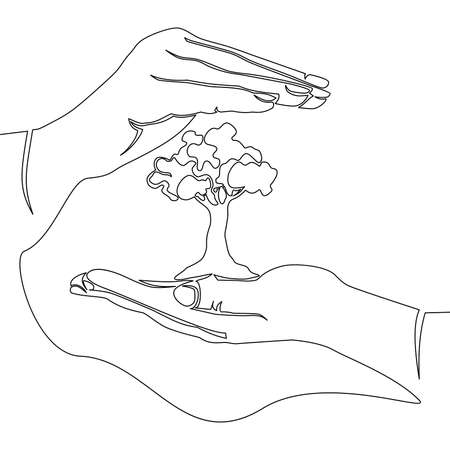 Continuous one single line drawing Hands palms together with tree icon vector illustration conceptのイラスト素材