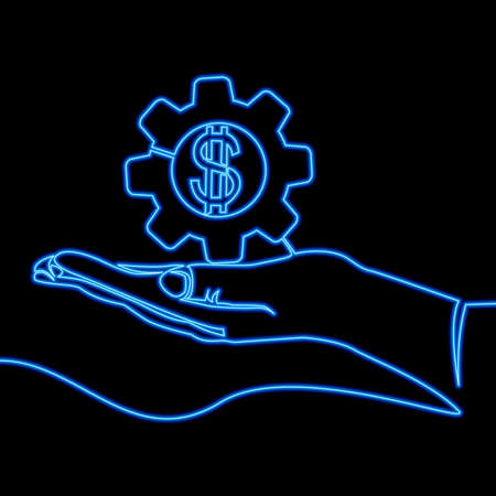 Continuous one single line drawing Hands Hold Gear with dollar sign icon neon glow vector illustration conceptのイラスト素材