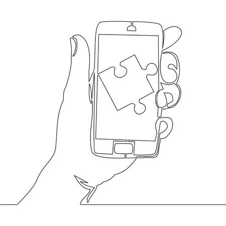 Continuous one single line drawing Puzzle piece on smartphone screen icon vector illustration conceptのイラスト素材