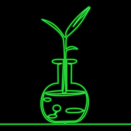 Continuous one single line drawing Green plant sprout in a flask Biotechnology icon neon glow vector illustration conceptのイラスト素材