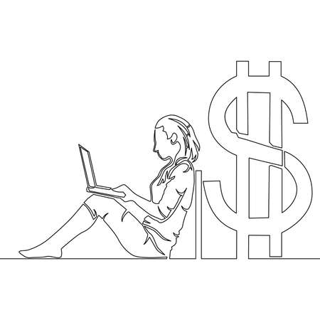 Continuous one single line drawing Woman with laptop Freelance girl earning money icon vector illustration conceptのイラスト素材