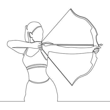 Continuous one single line drawing female archer woman pulling the bow icon vector illustration conceptのイラスト素材