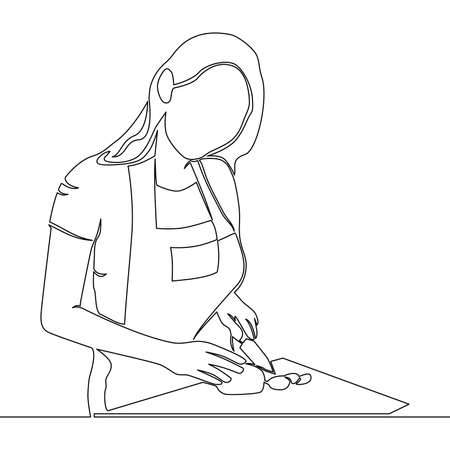 Continuous one single line drawing Woman housewife cooking hobby Girl cooking food icon vector illustration conceptのイラスト素材