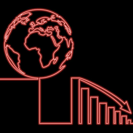 Continuous one single line drawing global economy graph fall down Markets plunging Economic fallout icon neon glow vector illustration conceptのイラスト素材