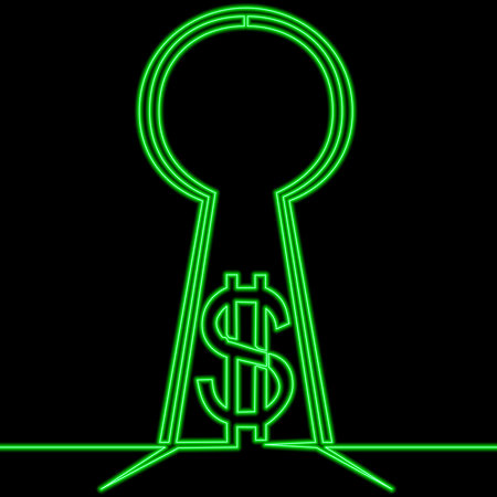 Continuous one single line drawing keyhole dollar money safe investment icon neon glow vector illustration conceptのイラスト素材