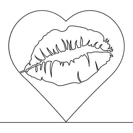 Continuous one single line drawing heart and lip imprint icon vector illustration conceptのイラスト素材