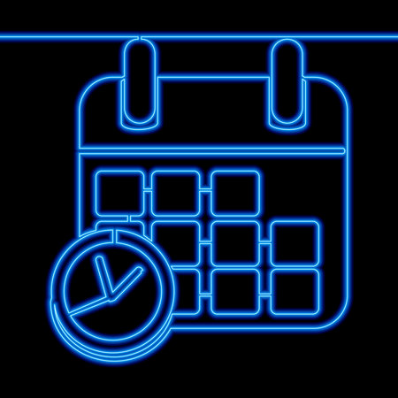Continuous one single line drawing office clock with calendar planner deadline icon neon glow vector illustration conceptのイラスト素材