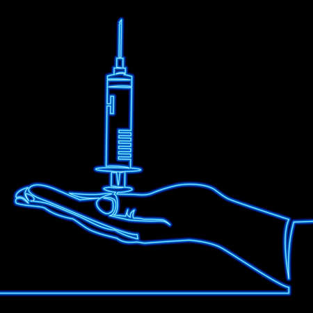 Continuous one single line drawing Injecting Symbols Medical syringe in a hand icon neon glow vector illustration conceptのイラスト素材