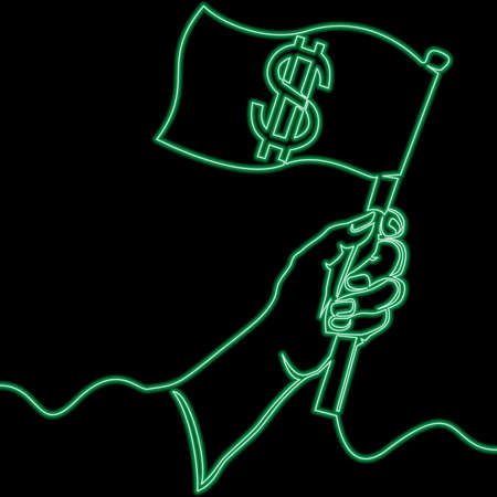 Continuous one single line drawing Hand Holding Flag with dollar money symbol icon neon glow vector illustration conceptのイラスト素材