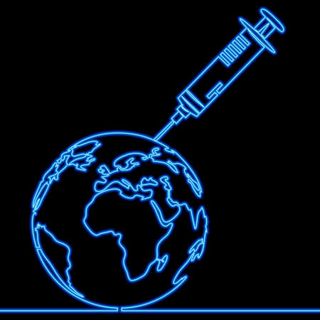 Continuous one single line drawing Vaccine and planet Earth icon neon glow vector illustration conceptのイラスト素材